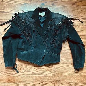 Vintage Stefano World Wide black leather fringe jacket M